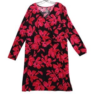 Nine West 2X Wrap-style Dress Black Pink‎ Floral Long Sleeve